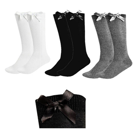 3 Pairs Knee High Bow Socks Black White & Grey