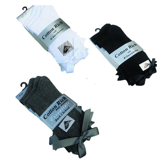 3 x Pairs Girls Ankle Socks With a Bow Cotton Rich White Black & Grey