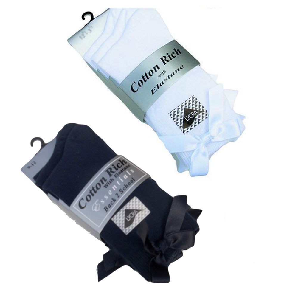 3 x Pairs Girls Ankle Socks With a Bow Cotton Rich Navy & White