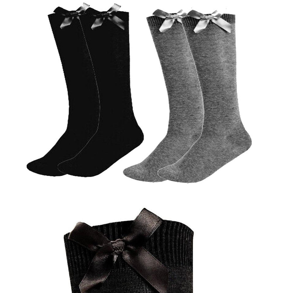 3 Pairs Knee High Bow Socks Black & Grey