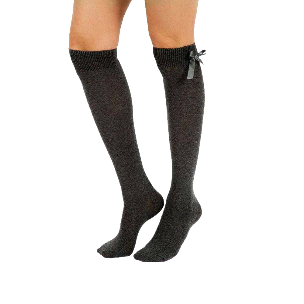 3 Pairs Knee High Bow Socks White & Grey