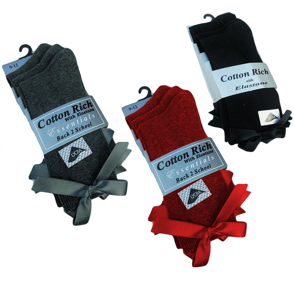3 x Pairs Girls Ankle Socks With a Bow Cotton Rich Black Red & Grey