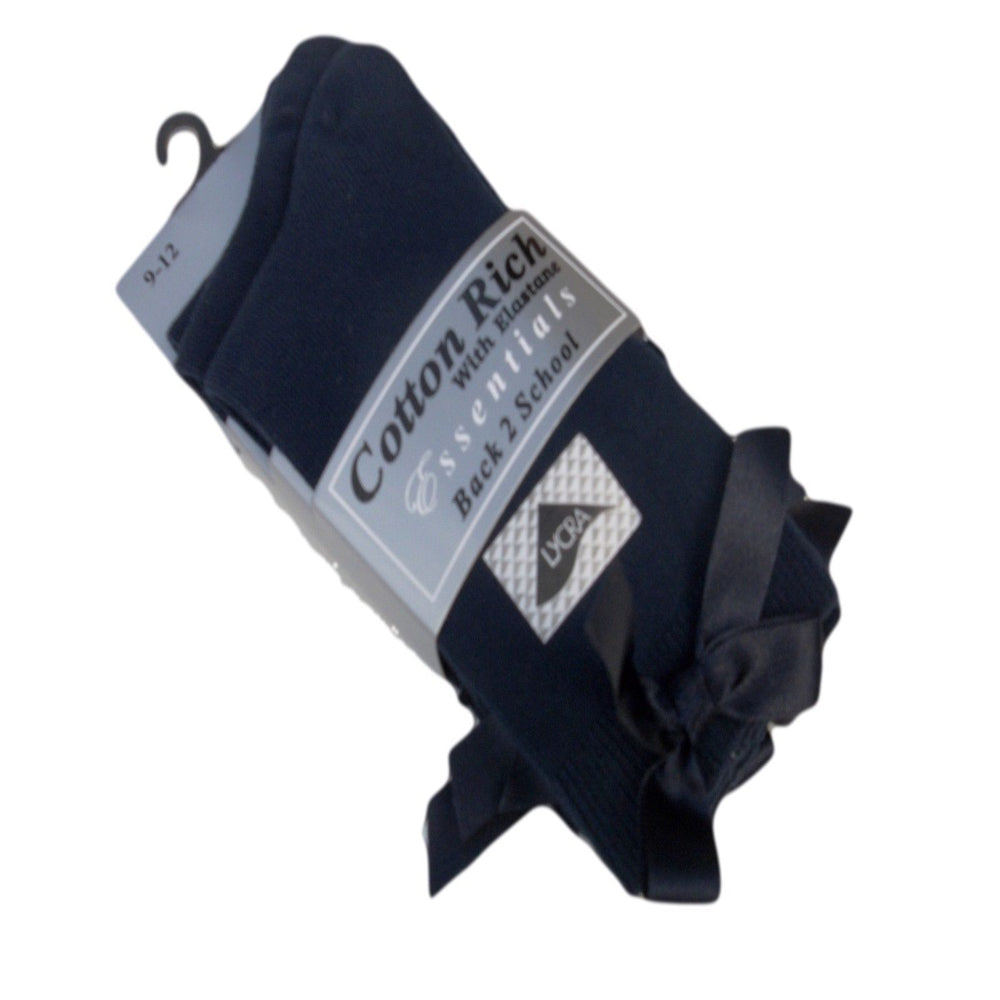 3 x Pairs Girls Ankle Socks With a Bow Cotton Rich Navy & White
