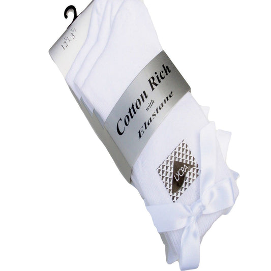 3 x Pairs Girls Ankle Socks With a Bow Cotton Rich Navy & White
