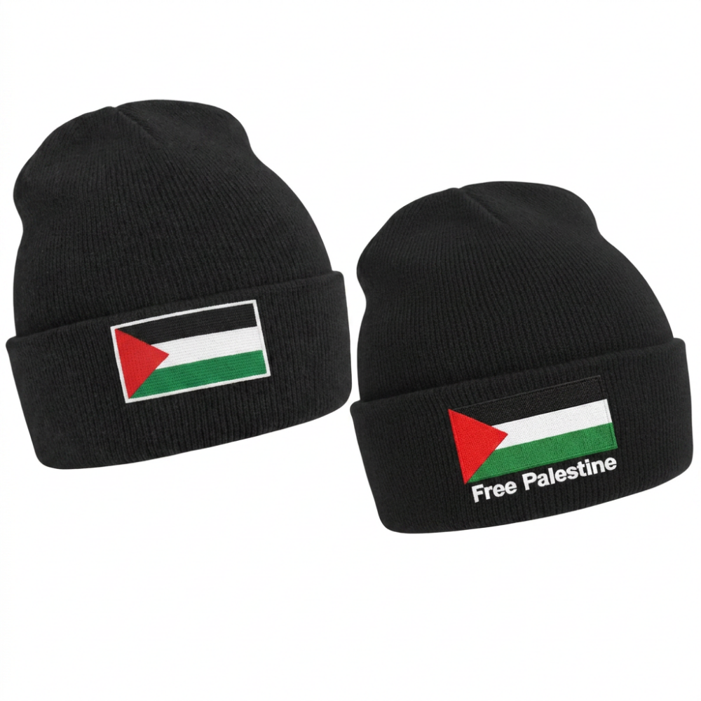 Free Palestine Cuffed Beanie Knit Hat Black Flag