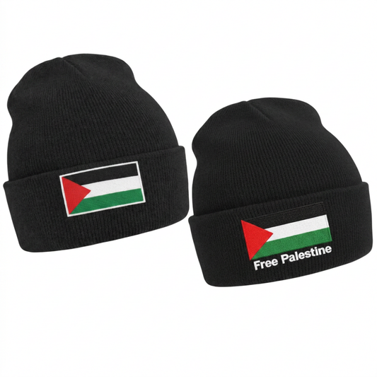 Free Palestine Cuffed Beanie Knit Hat Black Flag