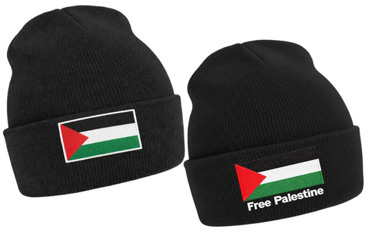 Free Palestine Cuffed Beanie Knit Hat Black Flag