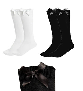3 Pairs Knee High Bow Socks Girls Black & White