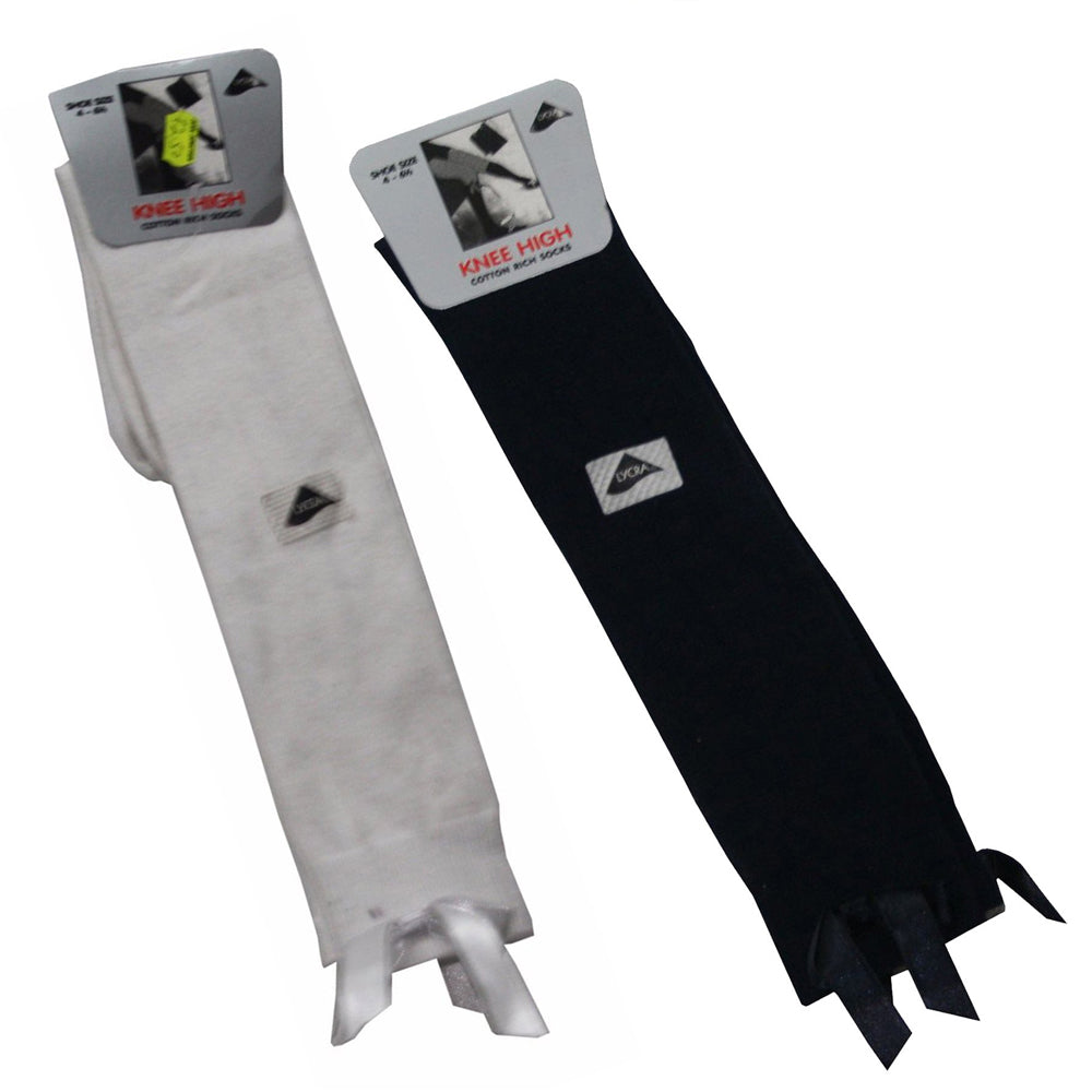 3 Pairs Girls Knee High Bow Socks Navy & White