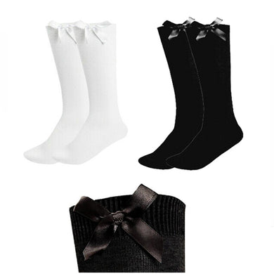 3 Pairs Knee High Bow Socks Girls Black & White