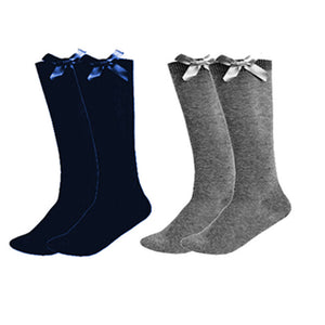 3 Pairs Knee High Bow Socks Girls Black Navy & Grey