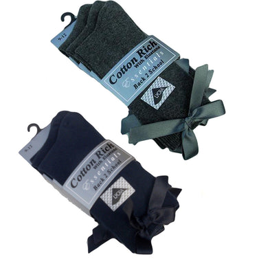 3 x Pairs Girls Dress Ankle Socks With a Bow Cotton Rich Navy & Grey