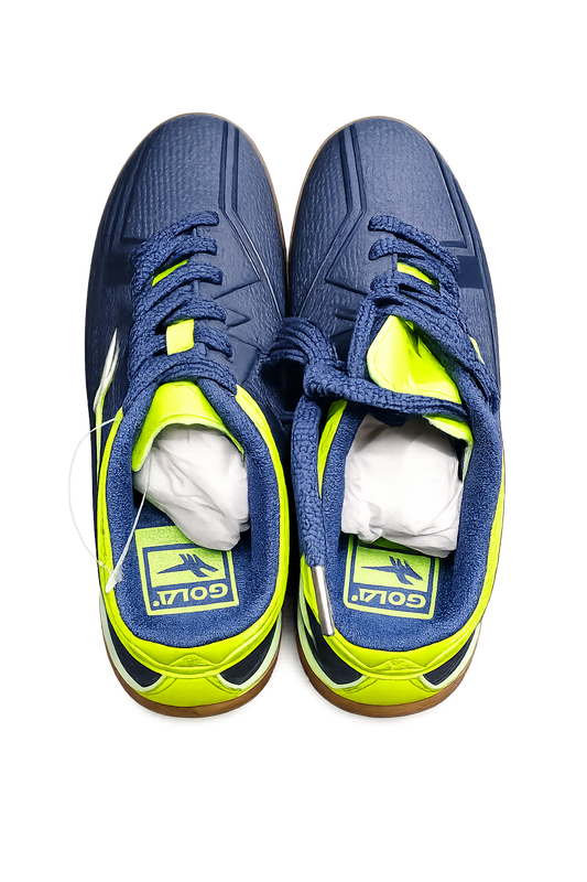 Gola AKA 662 kids' indoor football trainers in navy with neon lime accents and gum sole — top-down view