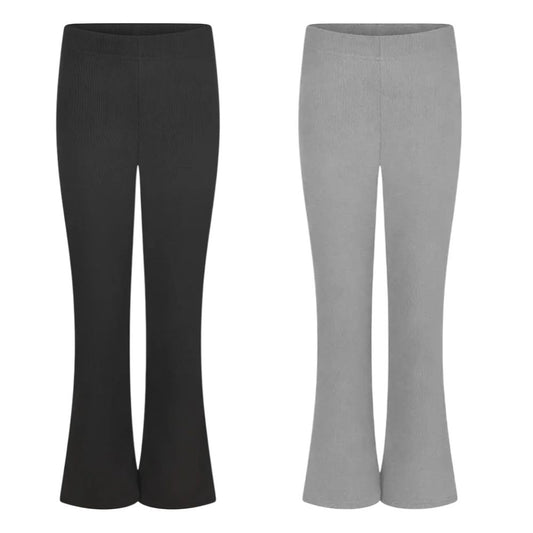 Girls Flared Trousers Stretch Elastic Waist Bootcut School Pants Black & Grey
