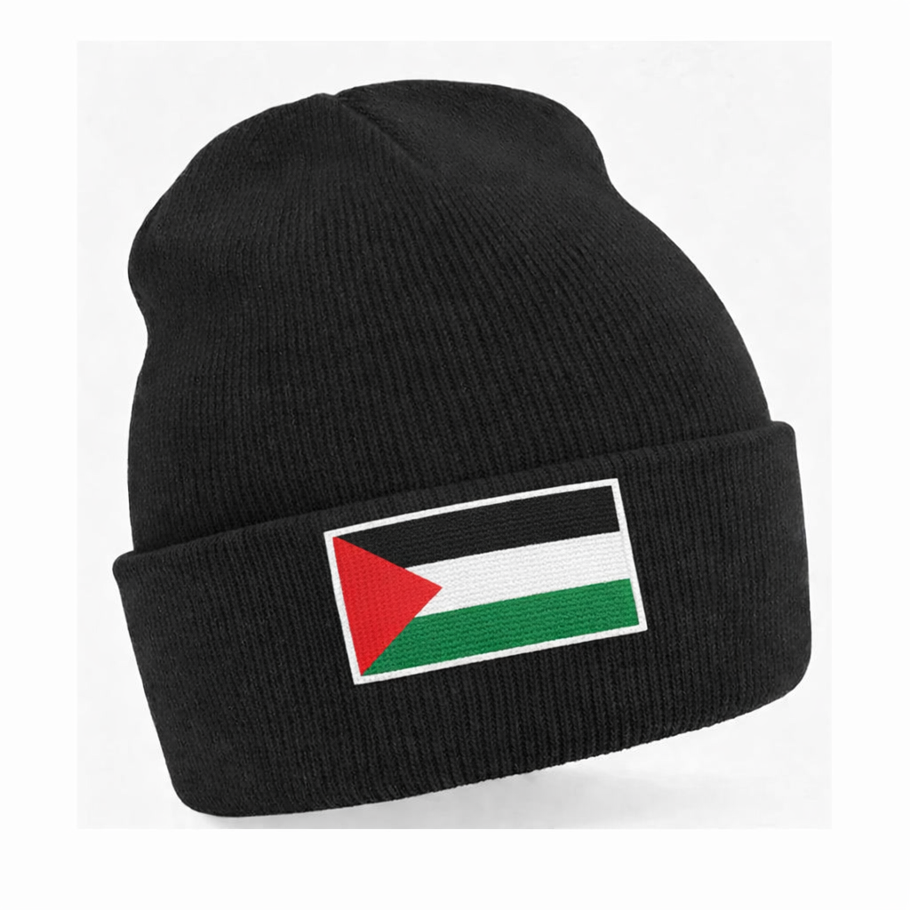 Free Palestine Cuffed Beanie Knit Hat Black Flag