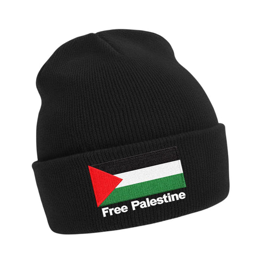 Free Palestine Cuffed Beanie Knit Hat Black Flag