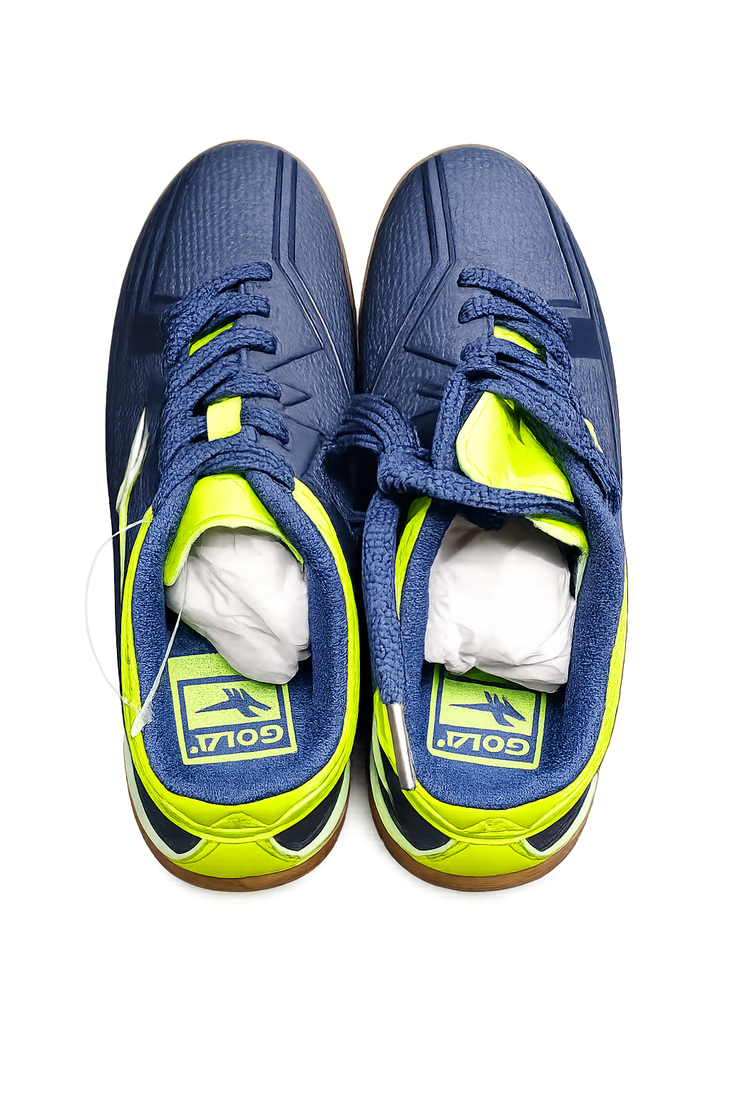Gola AKA 662 kids' indoor football trainers in navy with neon lime accents and gum sole — top-down view