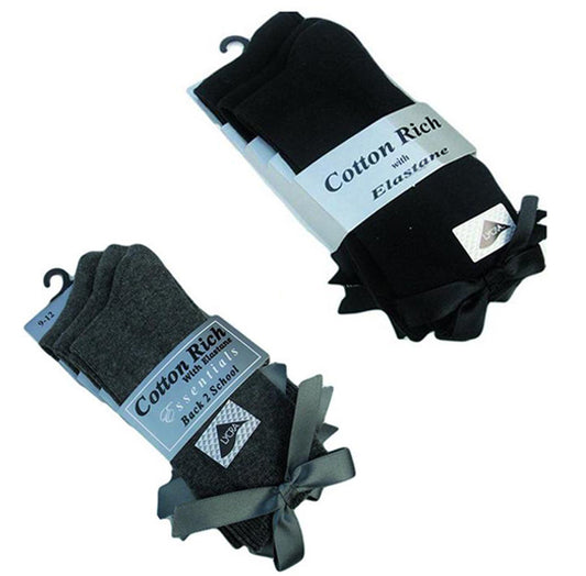 3 x Pairs Girls Ankle Socks With a Bow Cotton Rich Black & Grey
