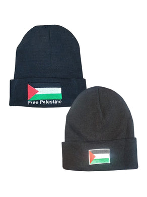 Free Palestine Cuffed Beanie Knit Hat Black Flag With Text on The Flag