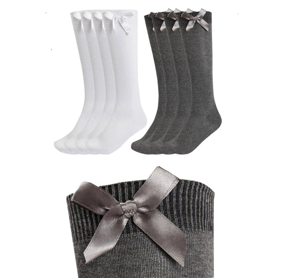 3 Pairs Knee High Bow Socks Girls White & Grey