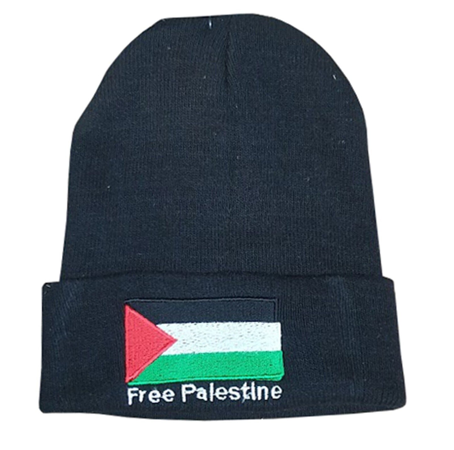 Free Palestine Cuffed Beanie Knit Hat Black Flag