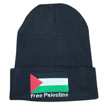 Free Palestine Cuffed Beanie Knit Hat Black Flag With Text on The Flag