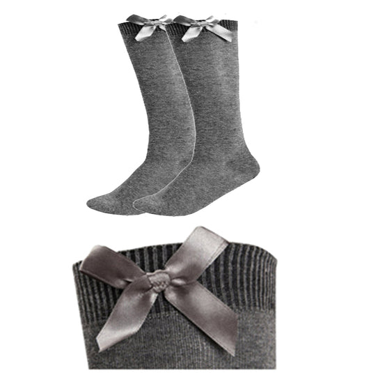 3 Pairs Girls Knee High Bow Socks Grey