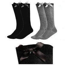 3 Pairs Knee High Bow Socks Girls Black Grey