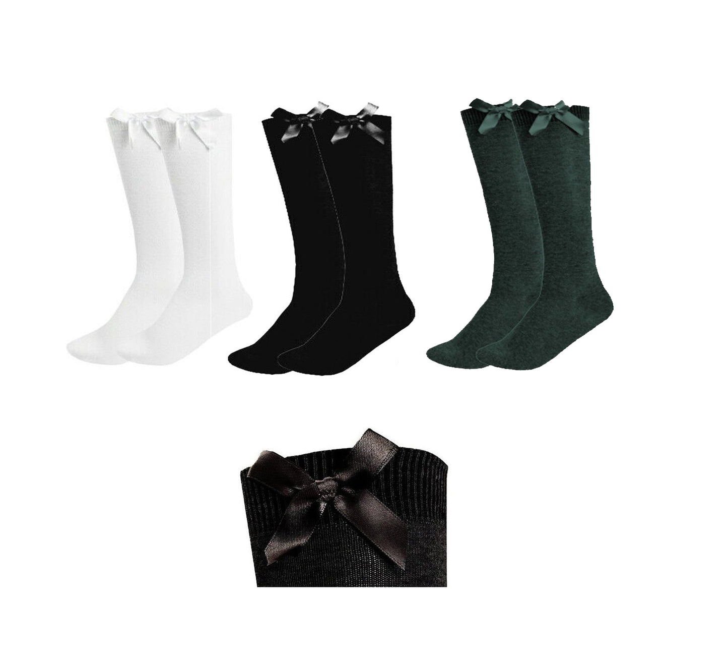 3 Pairs Girls Knee High Bow Socks Black White & Green