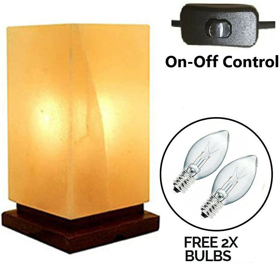 Himalayan Rectangular Shape Crystal Salt Lamp UK Switch Cable +2 FREE Bulbs Mother's Day Gift