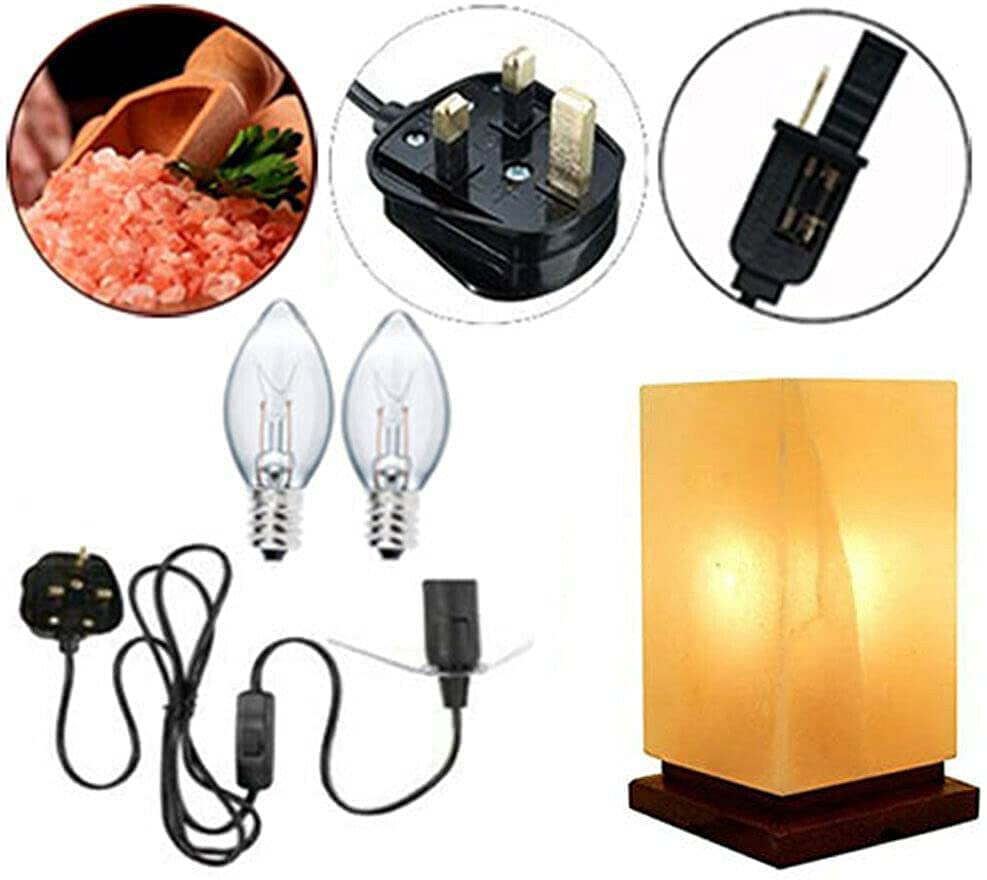 Himalayan Rectangular Shape Crystal Salt Lamp UK Switch Cable +2 FREE Bulbs Mother's Day Gift