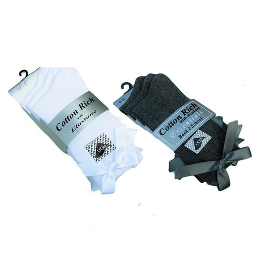 3 x Pairs Girls Ankle Socks With a Bow Cotton Rich White & Grey