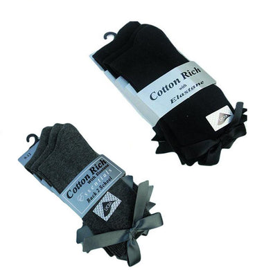 3 x Pairs Girls Dress Ankle Socks With a Bow Cotton Rich Black & Grey