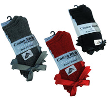 3 x Pairs Girls Dress Ankle Socks With a Bow Cotton Rich Black Red & Grey