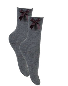 3 x Pairs Girls Dress Ankle Socks With a Bow Cotton Rich White & Grey