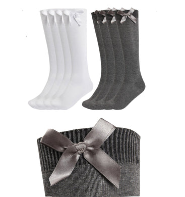 3 Pairs Knee High Bow Socks Girls White & Grey