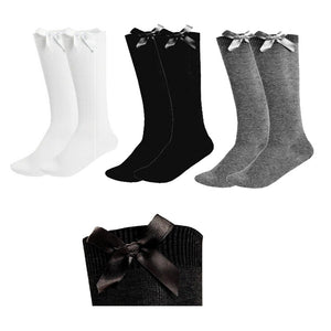 3 Pairs Knee High Bow Socks Girls Black White & Grey