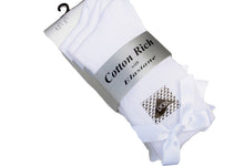 3 x Pairs Girls Dress Ankle Socks With a Bow Cotton Rich White Black & Grey